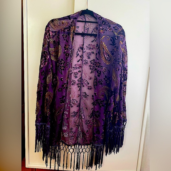 Reverse Jackets & Blazers - Reverse sheer kimono with velvet embellishment
